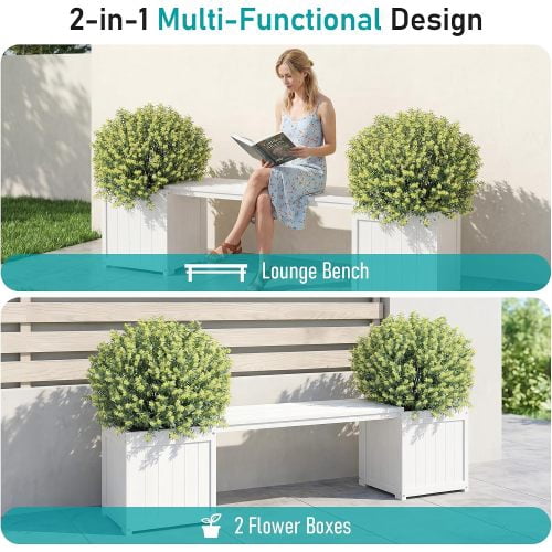HDPE 2-in-1 Outdoor Bench with Flower Boxes, Open-Bottom Planter, Garden Patio Seating, 71 in W, White