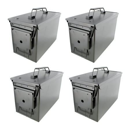 Tactical45 Metal Ammo Box 4pk Set - 50 Cal Black Ammo Storage Containers with Lids