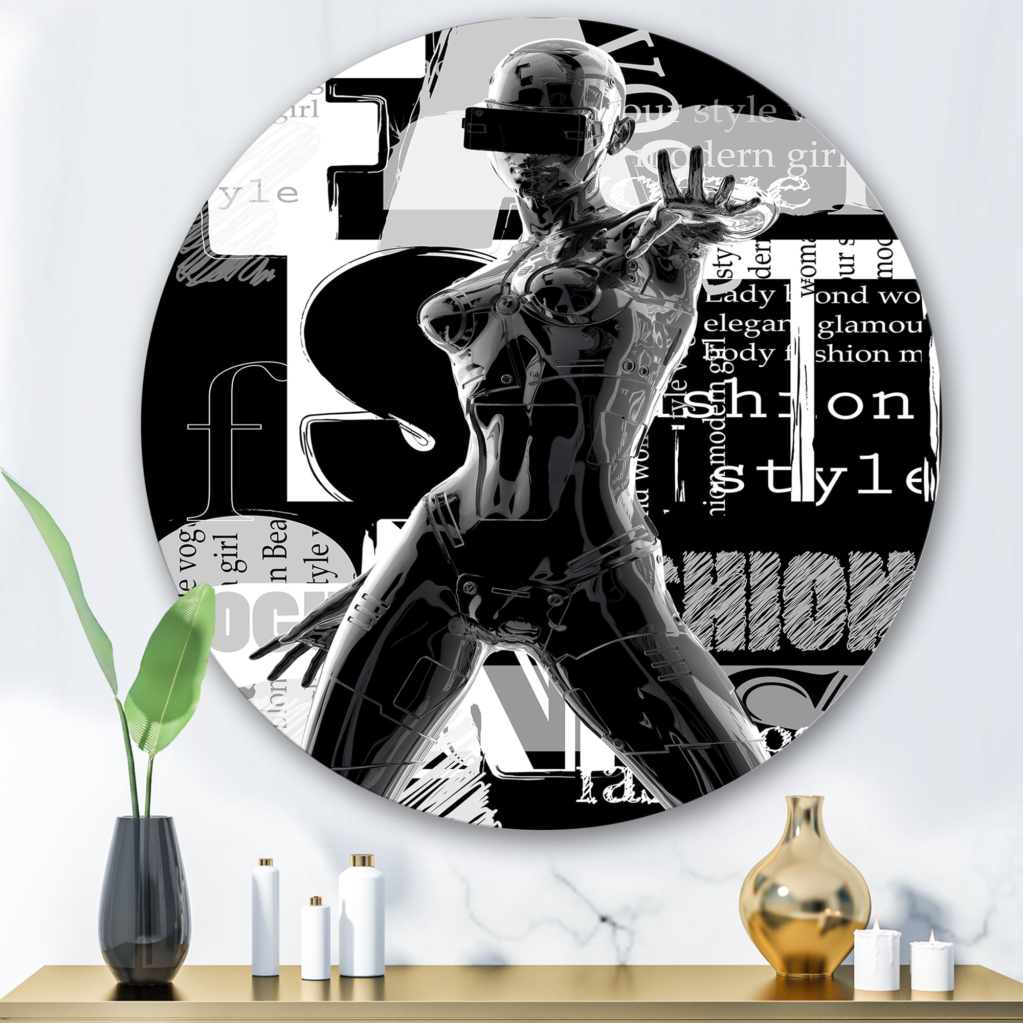 Designart 'Black and White Cyborg Body II' Modern Circle Metal Wall Art 29x29 - Disc of 29