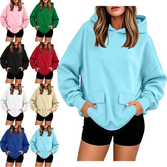 SYwaren Pullover Sweatshirt for Women Plus Size Hoodie Long Sleeve Casual Solid Color Double Flap Pockets Fall Winter Tops