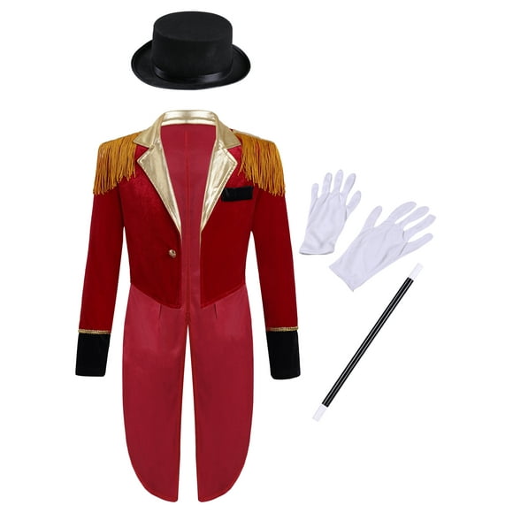 Xnihocha Enfants Garçons Halloween Cosplay Cirque Spectacle de Magie Costume Veste Queue-de-Pie avec Chapeau Baguette Magique Gants Ensemble Rouge 6