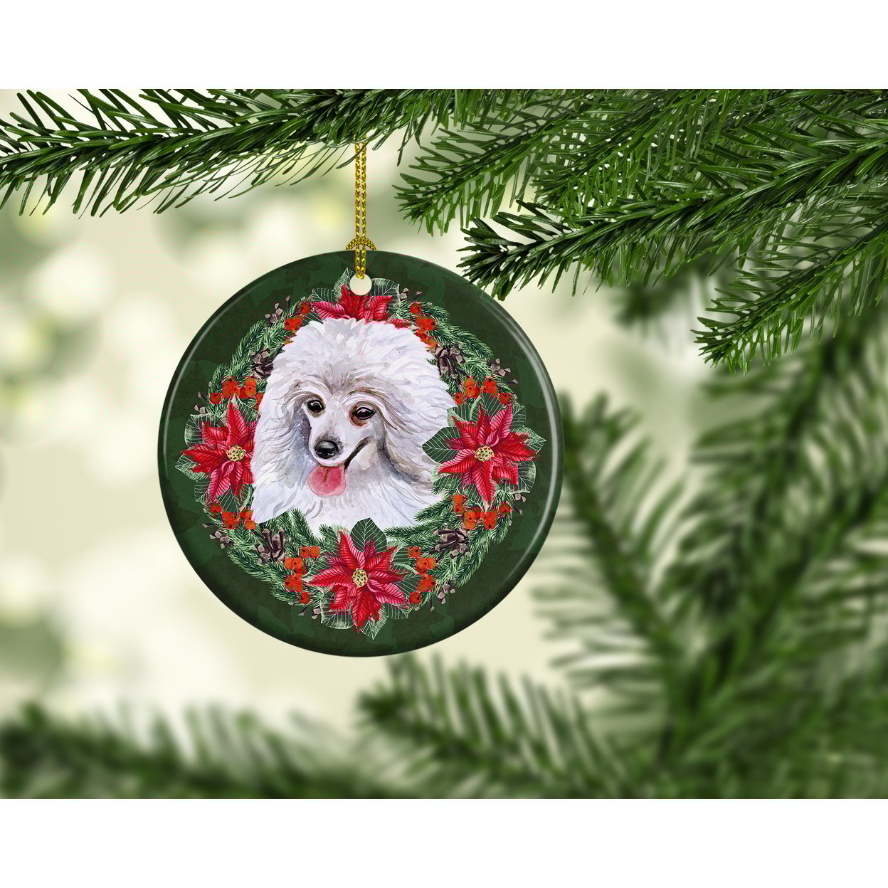 thumbnail image 2 of Medium White Poodle Poinsetta Wreath Ceramic Ornament 2.8 in x 2.8 in, 2 of 3