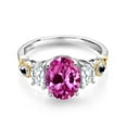 thumbnail image 2 of Gem Stone King 925 Silver and 10K Yellow Gold 3-Stone Ring Oval Pink Created Sapphire and Moissanite (1.51 Cttw, Size 8), 2 of 3