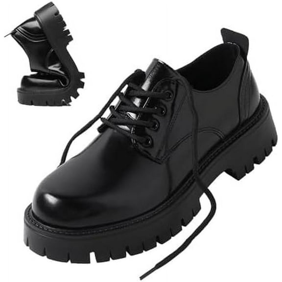 Men's Leather Lace Up Platform Oxfords Round Toe Chunky Heel Lug Sole Heightening Soft Bottom Derby Casual Shoes Classic Work Office Business Dress Shoes