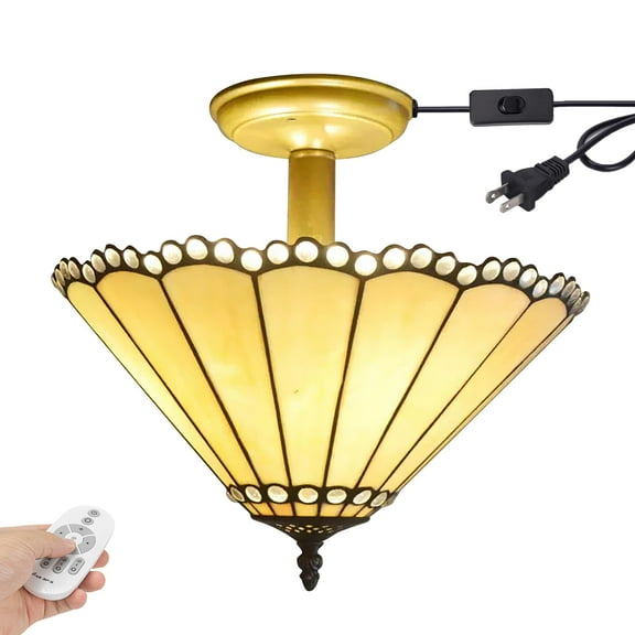 Kiven 13.8in Plug-in Flush Mount Ceiling Light Fixture, 3-Light Anti Glare Close to Ceiling Light with 15FT Cord, Tiffany-Style Glass Chandelier Dimmable for Bedroom Kitchen Hallway(No.3207)