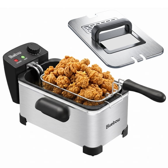 Bluebow Electric Deep Fryer with Basket, 3.2QT/3L Oil Capacity for Home Use, 1700W Immersion Fryer, Adjustable Temperature, Lid with Easy-viewing Window, Stainless Steel
