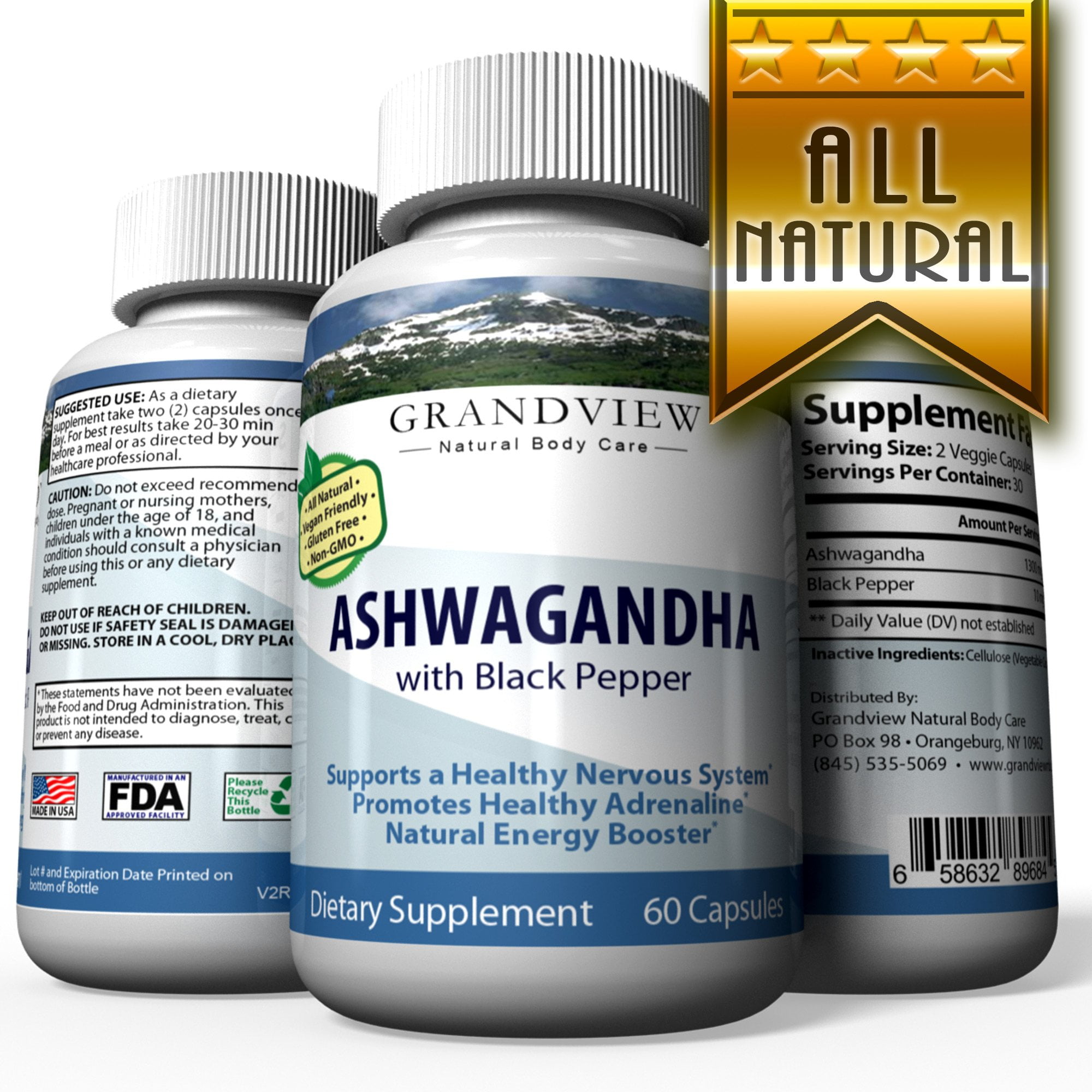 Ashwagandha w/ Black Pepper - Supports A Healthy Nervous System Helps Reduce Stress Elevates Mood Boosts Energy Levels Helps Protect the Immune System with Black Pepper