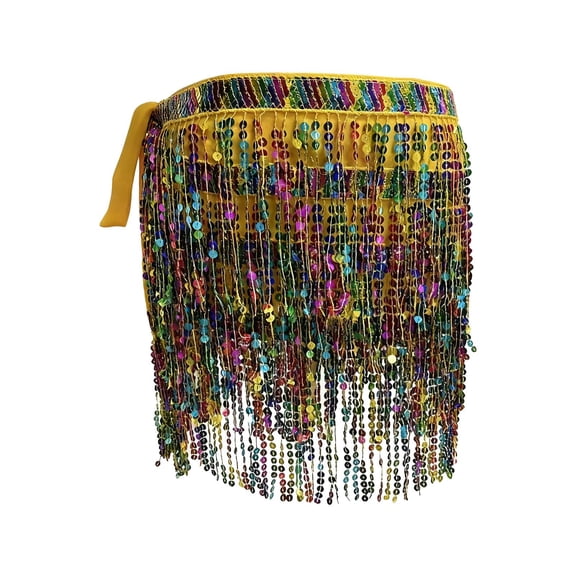 FAWUUDO Womens Belly Dance Hip Scarf with Sparkly Fringe Rave Party Sequin Skirt Costume Festival Tassel Skirt