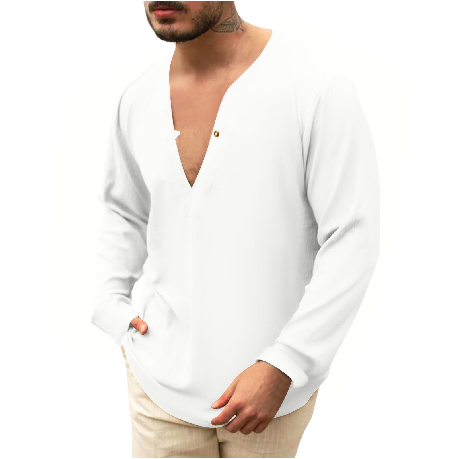 Virmaxy Men's Fall Fashion Solid Color Deep V-Neck Button-Down
