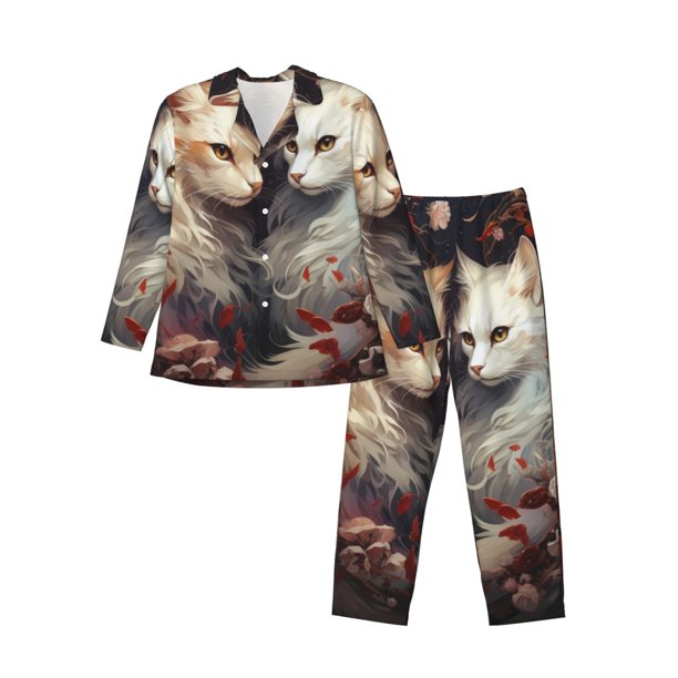 Balery Flower Cat Couple Pijama para Hombre de Dos Piezas con Manga Larga, Conjunto de Dormir y Descanso Suave con Bolsillos-XX-Large