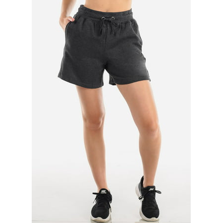 Womens Juniors Hiking Workout Gym High Waist Drawstring Waist Activewear Fleece Charcoal Dark Grey Side Stripe Shorts