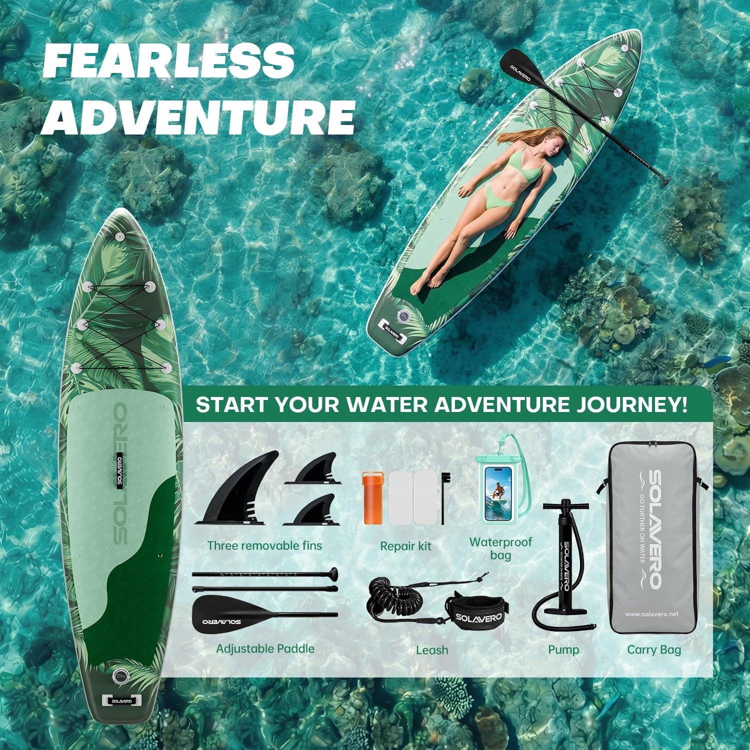 SOLAVERO Inflatable Stand Up Paddle Board with SUP Accessories, Anti-Slip EVA Deck, 11'×33" Blow Up Paddle Board Adults & Youth