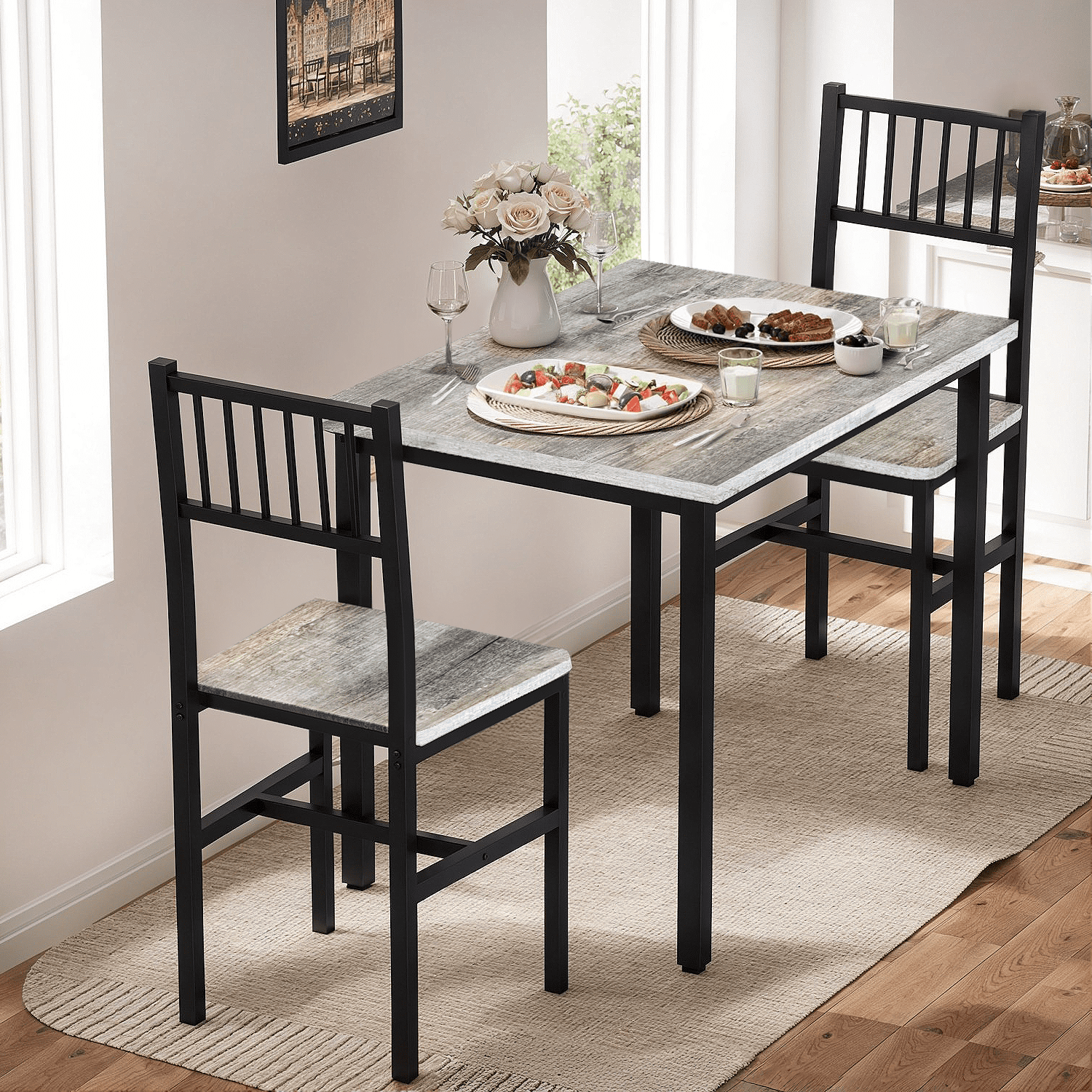 Lamerge 3 Piece Dining Table Set, Rustic Kitchen Table and Chairs Set, Thickened Solid Wood Carbon Plate, Breakfast Table Set for Small Spaces, Dining Room, Kitchen, Rustic Gray