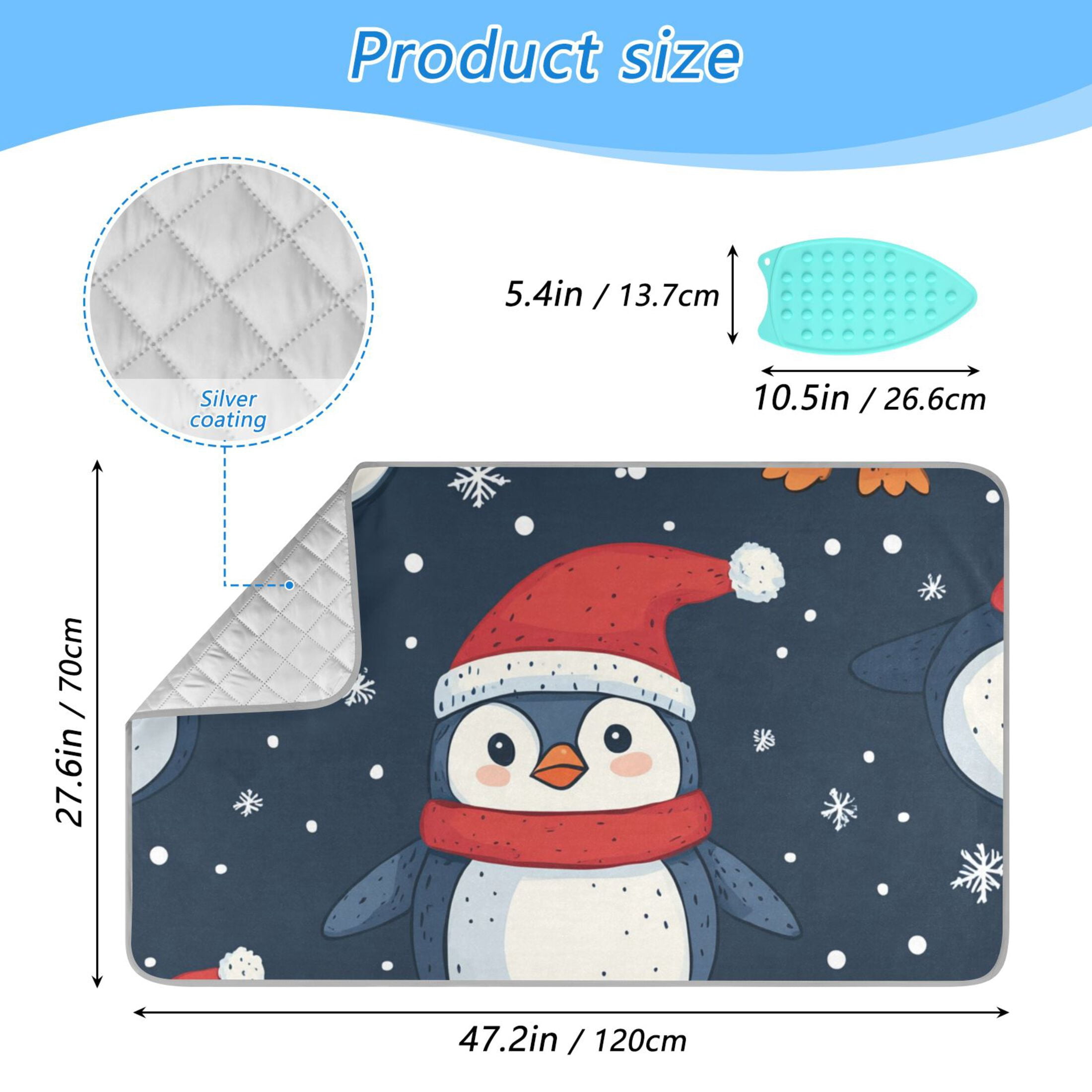 Cute Penguins with Hats Christmas Snowflakes Ironing Mat Blanket Portable Travel Ironing Pad Heat Resistant Pad 47.2" x 27.6”