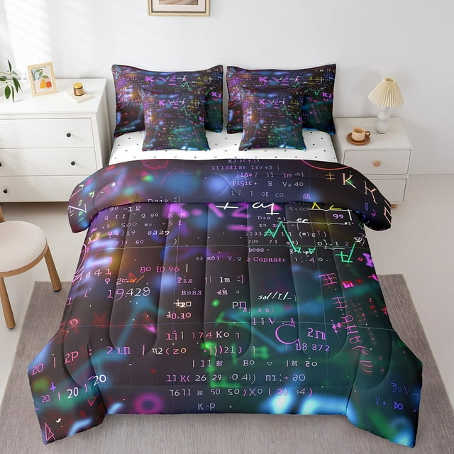 Math Equation Bed in a Bag Twin 7 Pieces - Twin Size Comforter Set,Mathematical Formula Bedding Sets Science Students School Educational Bed Set with Comforter,Sheets,Pillowcases & Shams