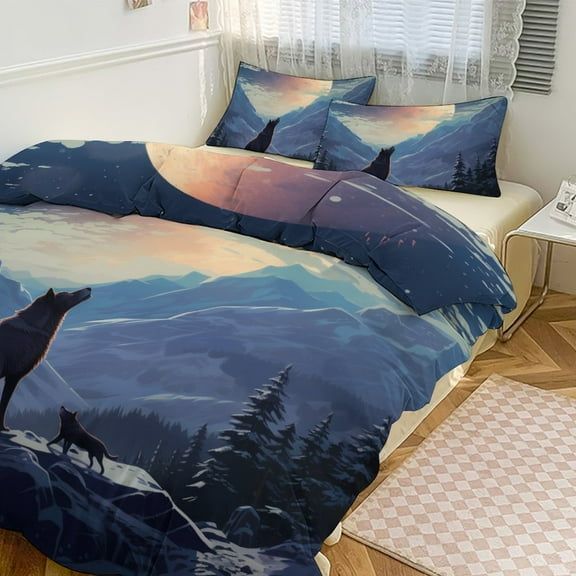 Howling Wolf Full Moon Bedding Set with Zipper Closure for Girls & Boys