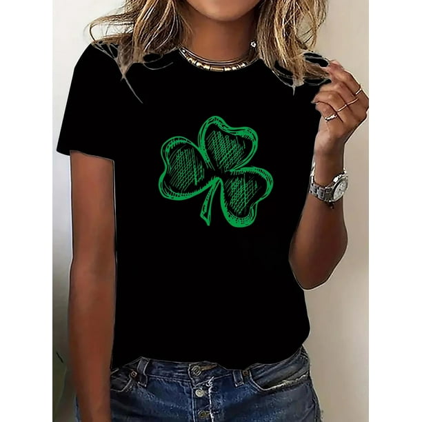 1pc Women'S Casual Cotton T-Shirt with Clover Print, Crew Neck, Slight Stretch, All-Season Knit Fabric Tee with Applique Detail Tee For Adult, Men, Women, Teen, Teenager, Adolescent, Youth