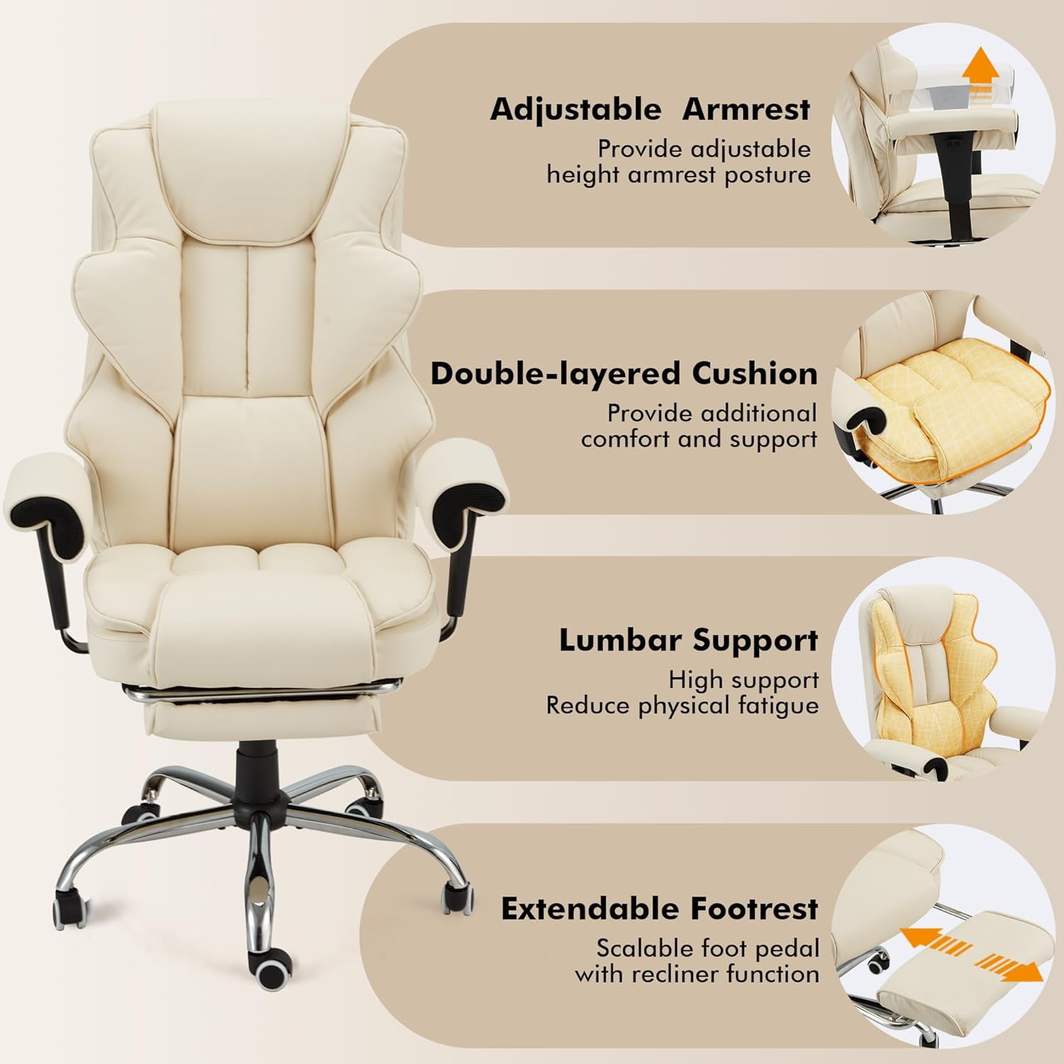 Homrest 6-Point Massage Executive Office Chair for Adults, Heated Ergonomic Home Desk Chair with Adjustable Footrest, Armrests & Backrest (Beige)