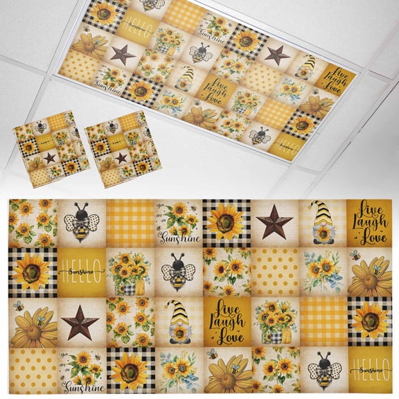 2 Pack Farmhouse Fluorescent Light Covers for Ceiling Lights Sunflower Gnome Bee Star Yellow Buffalo Plaid Patchwork Magnetic Ceiling Light Covers Overhead Light Filters for Office Classroom Home