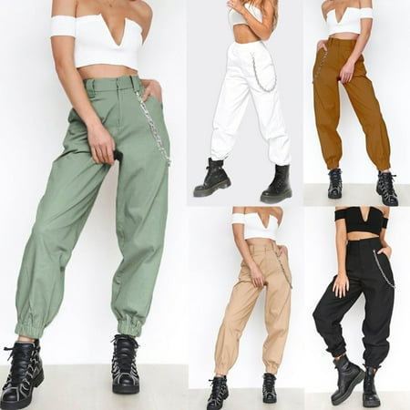 

Taluosi Casual Women Solid Color Sports Cargo Pants Loose Ankle Tie Trousers with Chain