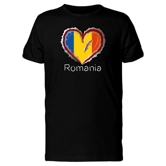 Romania Scratched Flag Heart T-Shirt Men -Image by Shutterstock, Male x-Large