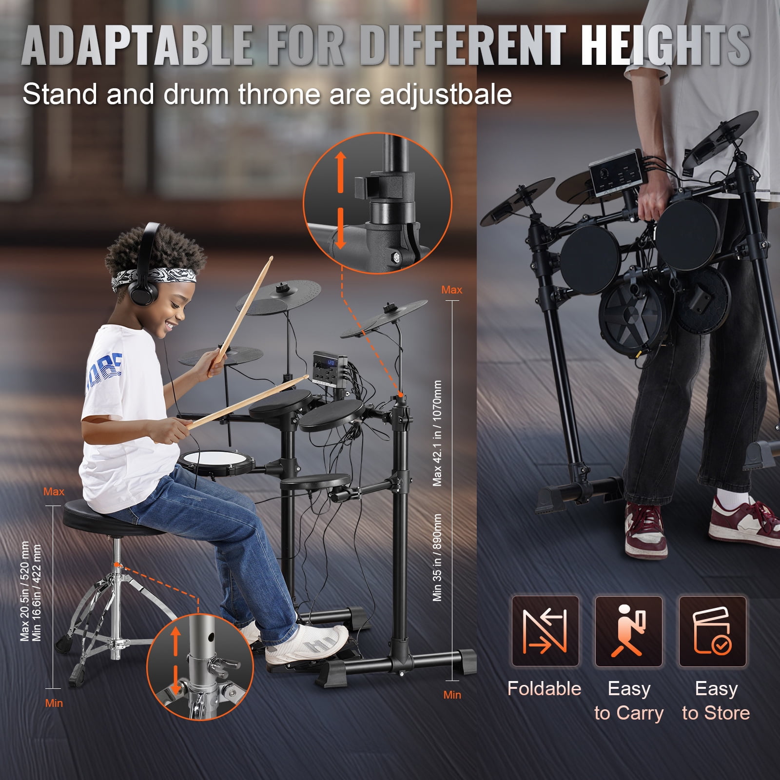KFFKFF Electronic Drum Set, Comprises 15 Drum Sets & 150 Unique Sounds, 6.5 in Silent Mesh Snare, Supported by USB MIDI, Comes with 10 in Cymbals, Drum Sticks & Headphones