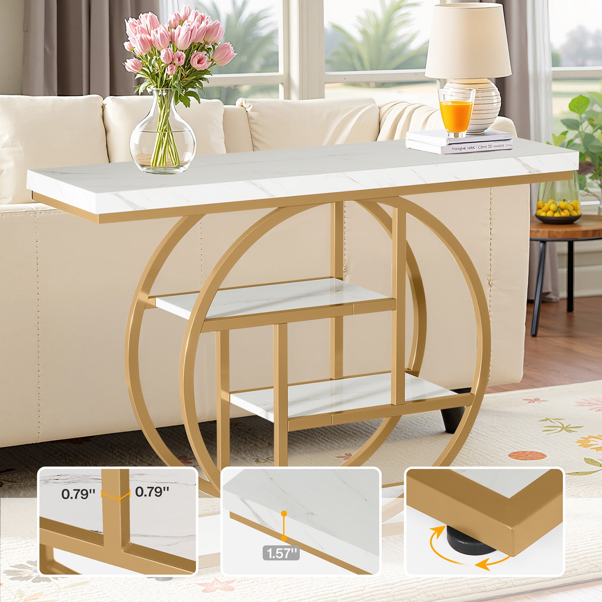 MAYEERTY 41.3" Industrial 4-Tier Console Table, Wood Shelves Round Circle Metal Base Entryway Sofa Table with Adjustable Anti-Wobble Foot Pads