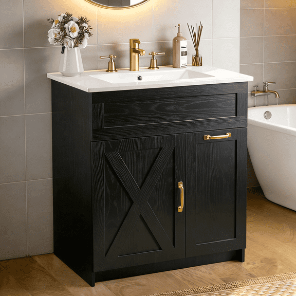 EVOKEDEN 30" Bathroom Vanity with Sink, Solid Wood Frame Bathroom Cabinet Set, Featuring 2 Power Outlets, 2 USB Ports, a Switch Button, 2 Drawers, Soft-Close Doors with Organizers, Black