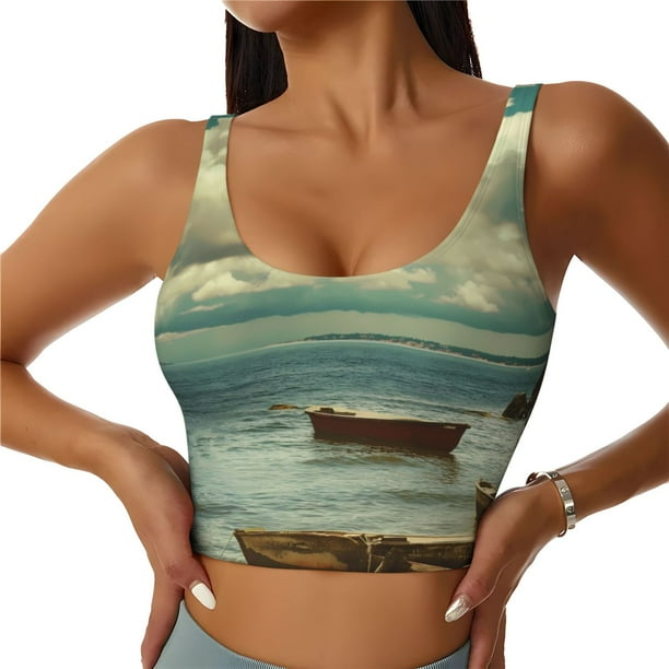 Fotbe Serene Coastal Blue Sky Sujetador Deportivo Largo sin Aros para Mujer con Almohadillas y Soporte Medio, Transpirable y Absorbente, Camiseta Tipo Chaleco o Tank Top-Small