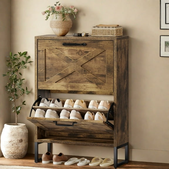 Uforic Shoe Cabinet with 2 Flip Drawers, Farmhouse Narrow Shoe Rack Organizer with Metal Legs, Brown