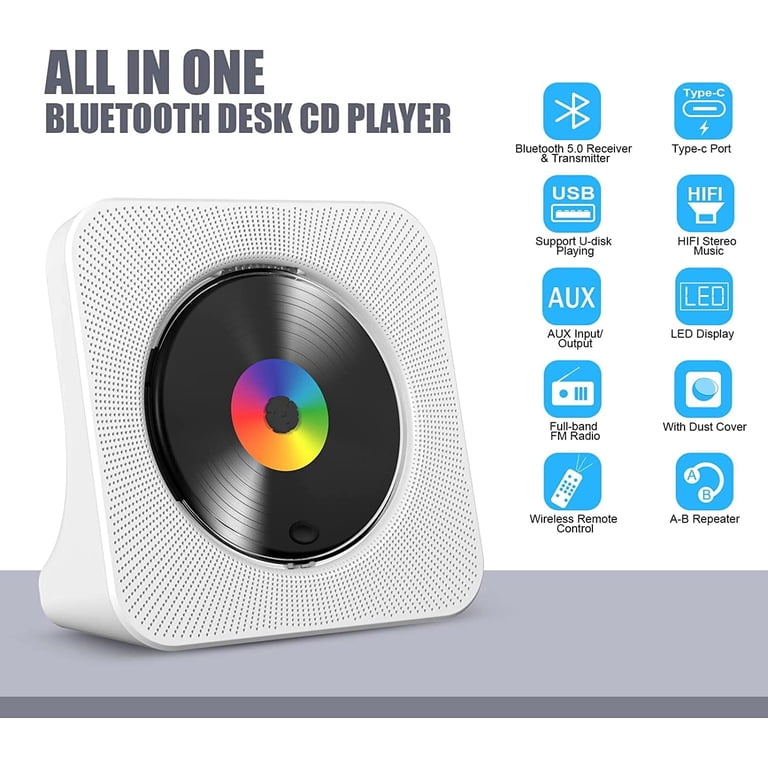 Qoosea Portable CD Player Bluetooth FM Radio USB Type-C with LCD