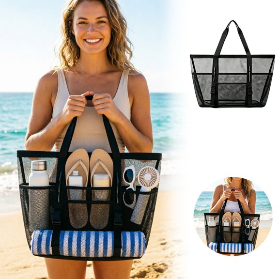 Mesh Beach Bag with Zipper,Large Beach Tote Bags for Women,Pool Swim Bag, Travel Tote Bags,Beach Vacation Essentials,Black