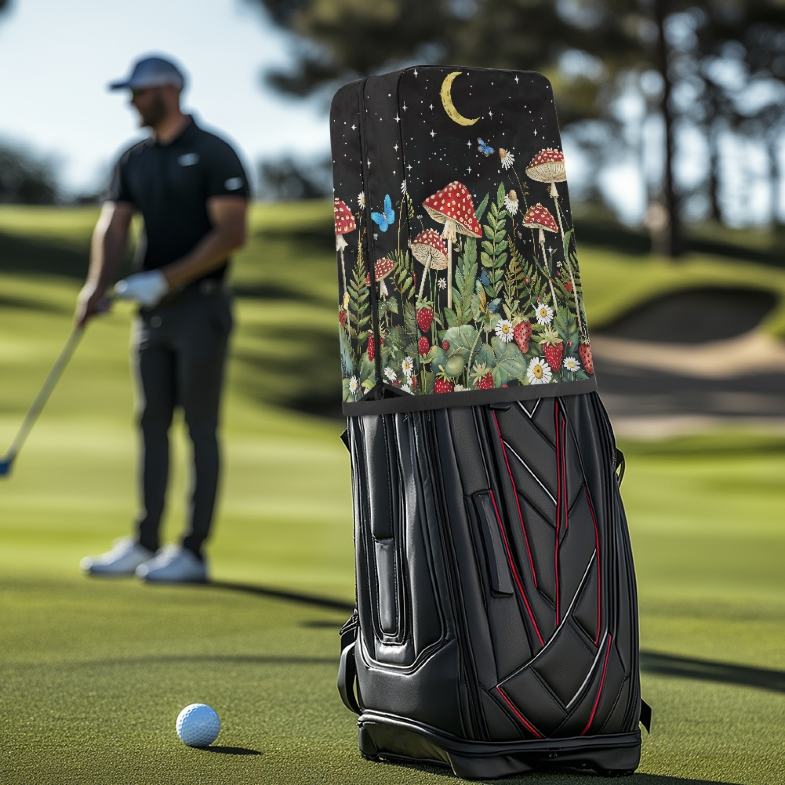 Yuyamidu Aesthetic Mushroom Golf Bag Cover Butterfly Golf Bag Umbrella for Clubs with Snap Button Dust and Sun Protection Fit Most Club Bags