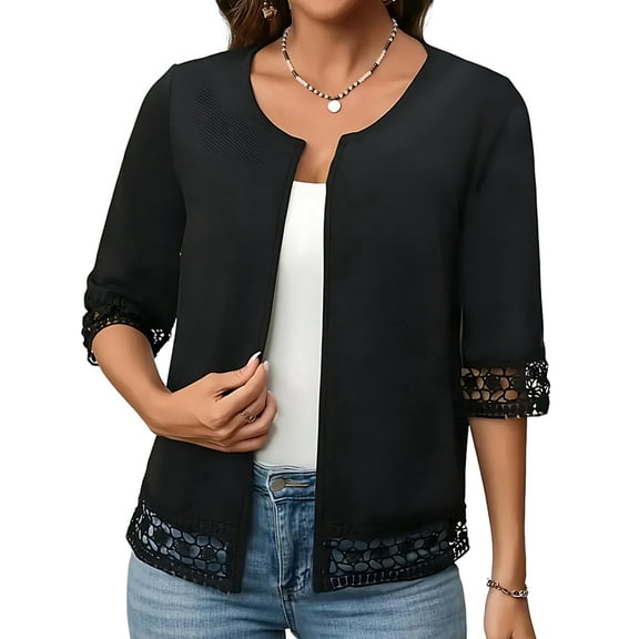 Womens Casual 3/4 Sleeve Cardigan 2025 Trendy Loose Open Front Shirts Solid Color Lace Blouse Outfits Black XL