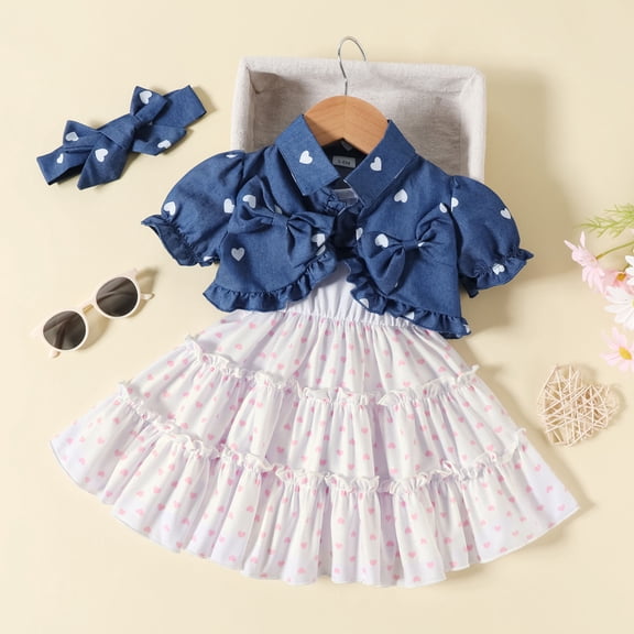 SJLDQY Infant Child Girls Outfits Short Sleeve Ruffles Heart Prints Denim Coat Tops Princess Dress Headbands Clothing Set Pink 9-12 Months