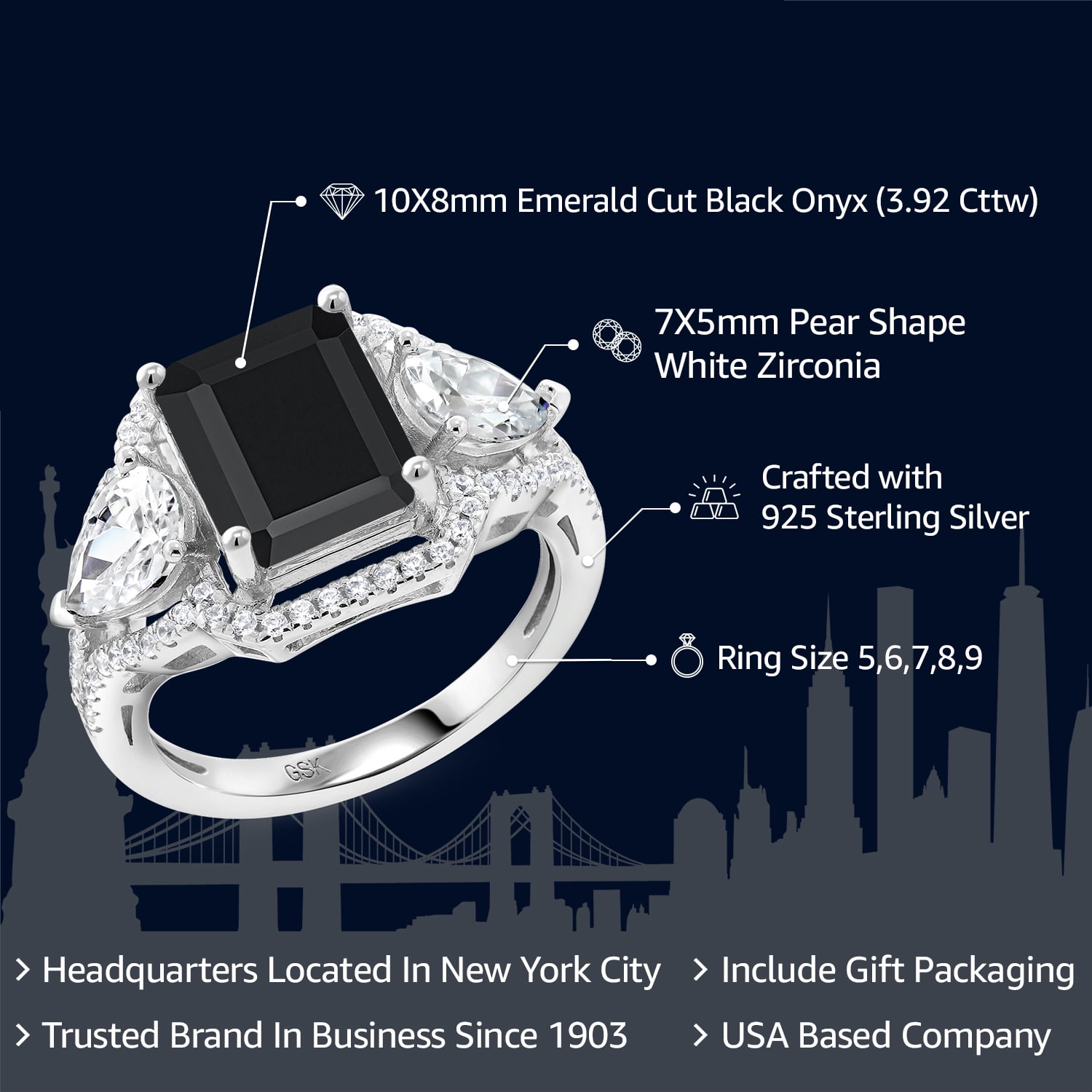 Gem Stone King 3.92 Cttw Black Onyx Ring for Women | 925 Sterling Silver | Emerald Cut 10X8MM | Gemstone December Birthstone | Wedding Engagement Anniversary Promise Ring for Women | Size 9