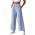 thumbnail image 3 of Tbopshirt Pants for Women Elastic Waist Floral Embroidery Wide Leg Capri Pants Side Pockets Textured Casual Trousers,Light Blue,M-4XL, 3 of 6