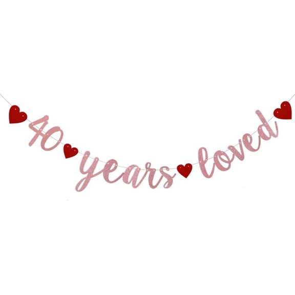 40 Years Loved Banner, Pre-Strung,Rose Gold Glitter Paper for 40th Birthday/Wedding Anniversary Party Decorations Supplies, No Assembly Required,Rose Gold,