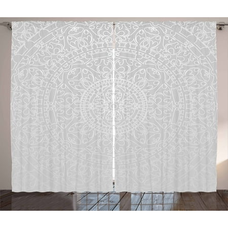 Oriental Curtain - Grey and White Curtains 2 Panels Set, Oriental Ornamental Traditional Arabesque Moroccan Islamic Ethnic Authentic Design, Window Drapes for Living Room Bedroom, 108W X 84L Inches, Grey, by Ambesonne