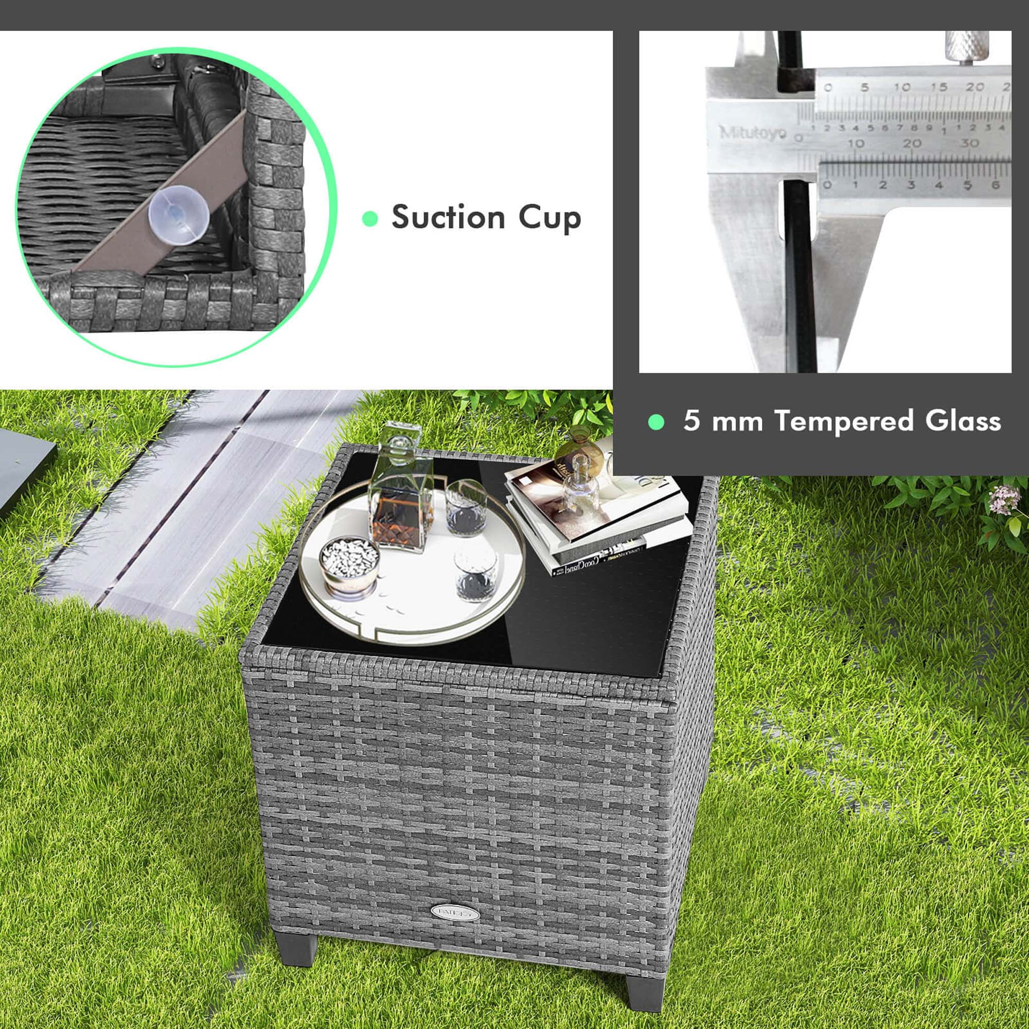 Costway 3-Piece Rattan Outdoor Patio Dining Set with Side Table Armrest, Gray/Turquoise