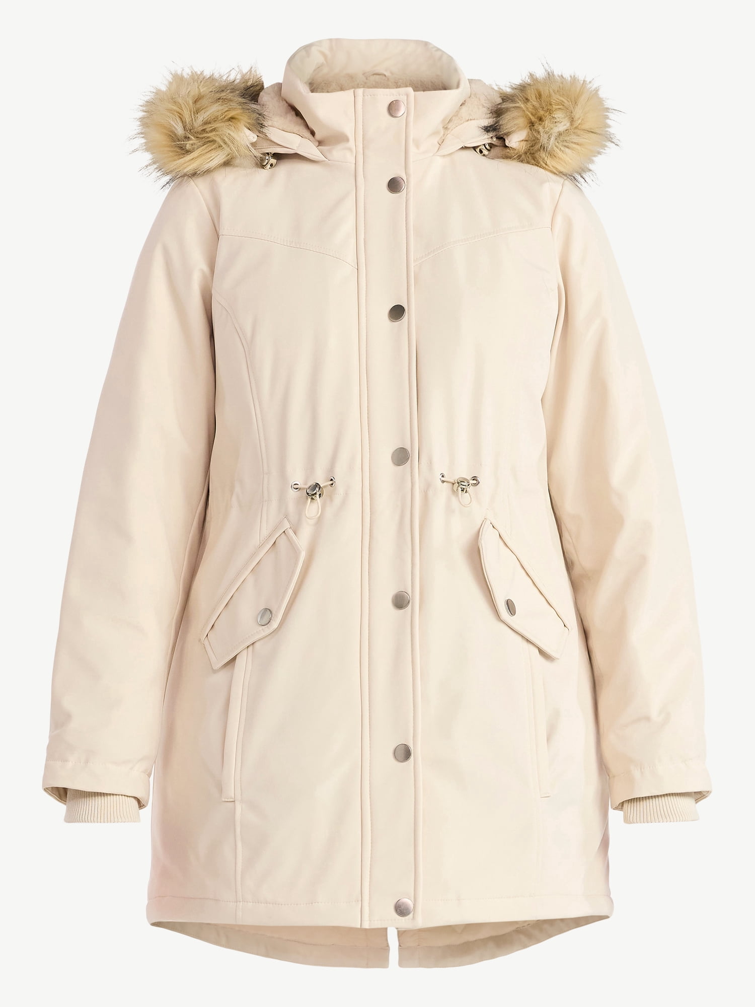 Time and Tru Women's and Women's Plus Hooded Anorak Jacket with Faux Fur Trim, Heavyweight, Sizes XS-2X