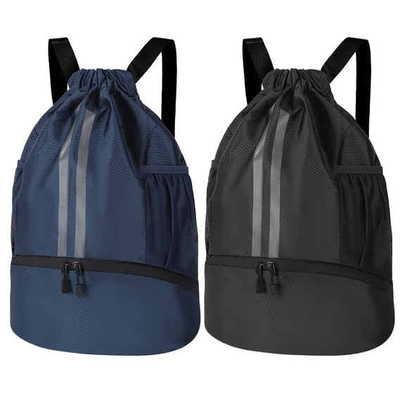 Bocaoying 2 Pcs 3-Compartment Sports Drawstring Backpack, Water-Resistant Gym Bag with Wet/Dry Separation, Side Pockets & Zipper Pocket, Lightweight Swim Soccer Basketball Sack