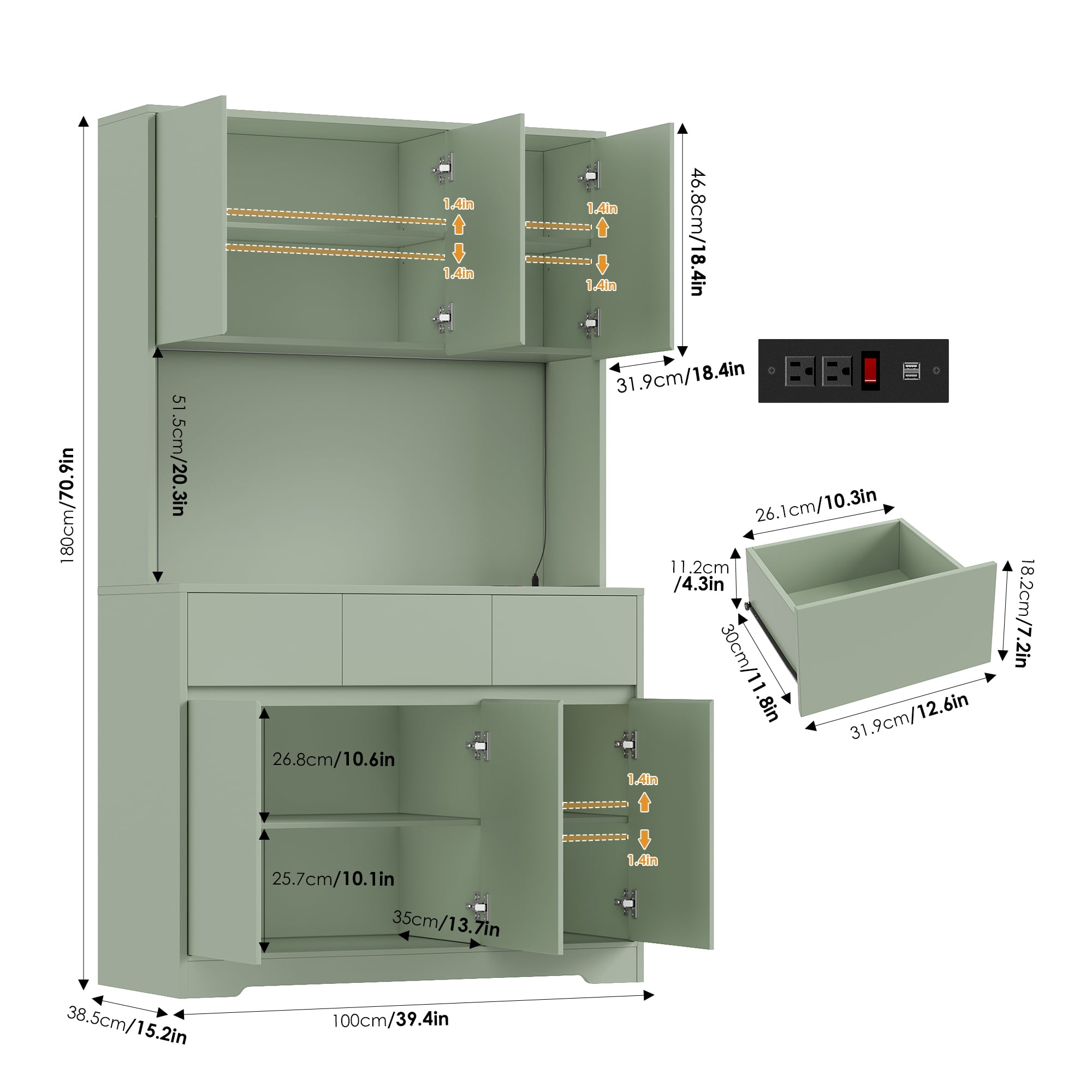Homfa 70.9'' Tall Kitchen Pantry Cabinet with Charge Station & Led Light, 3 Drawer Storage Cabinet with Adjustable Shelves, Green