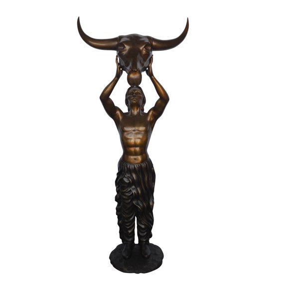 Nifao Indian Man Holds a Buffalo Skull Bronze Statue – Outdoor Garden Decor Sculpture, 29"L x 23"W x 72"H