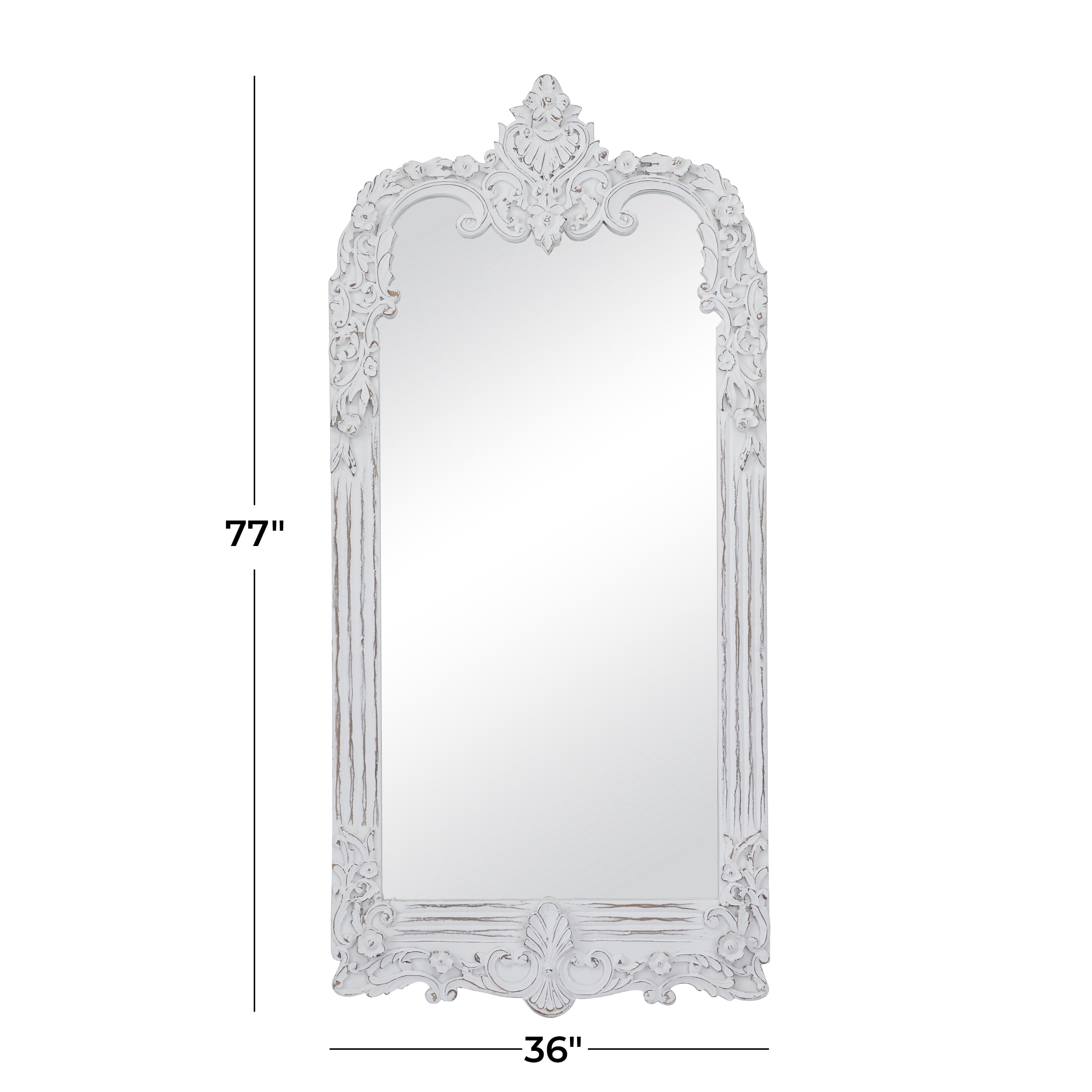 DecMode 36" x 77" White Intricately Carved Acanthus Floral Wall Mirror