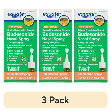 (3 pack) Equate Allergy Relief 24 Hour Non-Drowsy Budesonide Nasal Spray 32mcg, 120 sprays