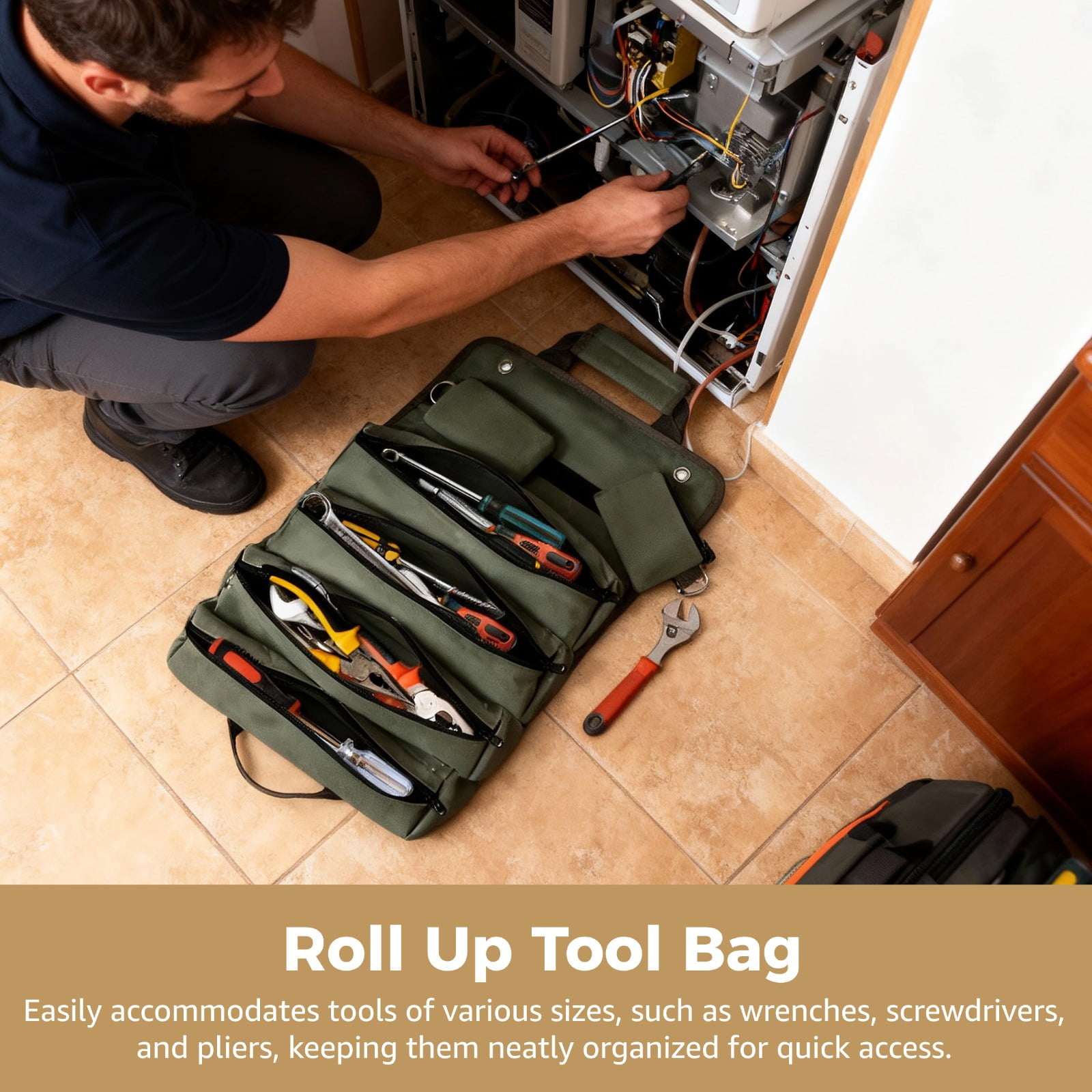 600D Oxford Roll Up Tool Bag, Heavy Duty Tool Roll Organizer with 4 Fixed Large Compartments, 2 Detachable Pouches, 5 Pockets, Portable Toolbag for Electrician, Mechanic
