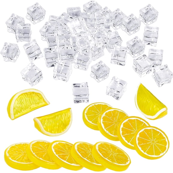 42 Pieces Acrylic Fake Lemon Slices Ice Cubes Artificial Plastic Lemon Slice Set Blocks Simulation Lemon Block Double Side Decorative Fake Fruit Model for Party Wedding Kitchen Decoration Photo Props