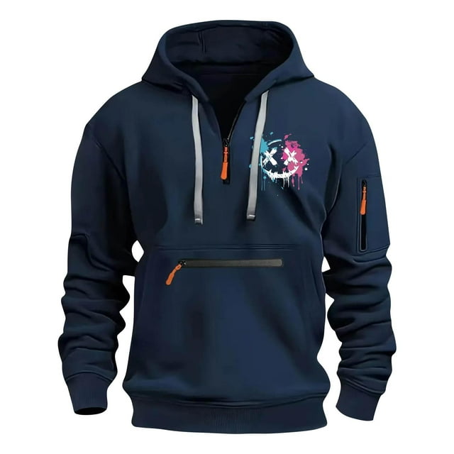 Styesk Sweatshirts for Men Men's Spring And Fall Printed Hooded Sweatshirt Zipper Multi-Pocket Pullover Sweatshirt