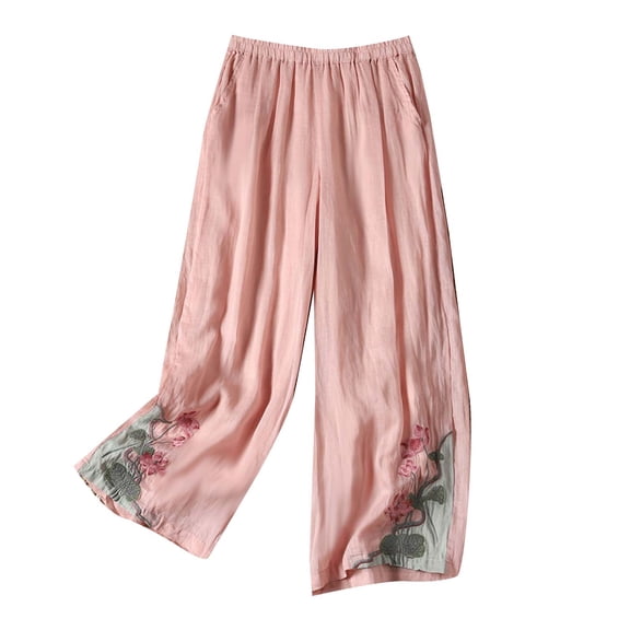 Idoravan pants for women wide leg comfy Women's Spring Summer Casual Fashion -Linen Embroidered Loose 9 10 Flare Pants